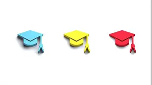 Gown Prints: Three Graduated hats Icon blue, yellow, red colors symbol. 3D back to school theme banner