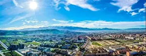 Moorish Prints: Granada city-Alhambra. Panoramic aerial drone view. Spain Andalusia