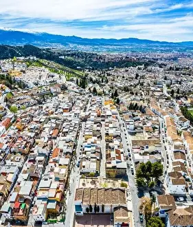 Moorish Prints: Granada city-Alhambra. Panoramic aerial drone view. Spain Andalusia