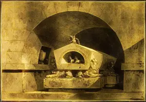 Aquatint Prints: A grand, ancient chamber features intricately carved stone structures