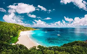 Digue Prints: Grand Anse beach at La Digue island in Seychelles aerial panoramic view