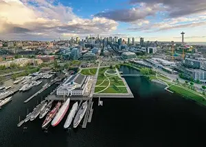 Grand Bird's Eye View of Seattle high above lake union right after a storm