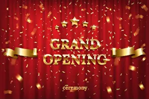 Spotlight Prints: Grand opening on stage in spotlight with red curtain background