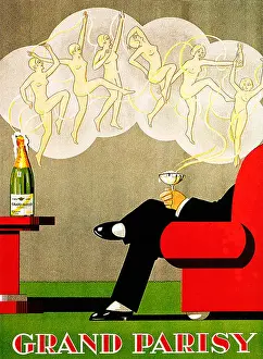 Grand Parisy, 1930 Art Deco poster for the French champagne, whose bubbles transform into a string of dancing girls