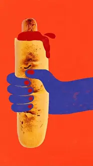 Pop Art Prints: Graphic composition. Blue hand holding hot dog with ketchup on red background