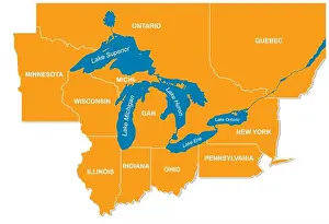 Great Lakes Prints: graphic of the North American great lakes and their neighboring countries