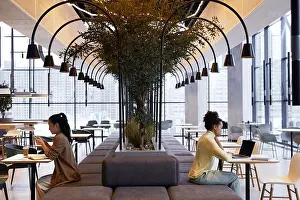 Business Person Prints: Graphic wide angle view at two young women sitting at tables in cafe at opposite sides with social distancing