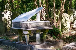 Camden Prints: The grave of Harry Thornton in the shape of a piano in Highgate Cemetery