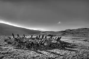 Grayscale Prints: Grayscale shot of the Bryn Cader Faner stones at in the Rhinogydd Mountains, UK
