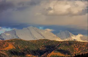 Larch Prints: Great Northern Mountain in autumn above Hungry Horse Reservoir in the Flathead National Forest