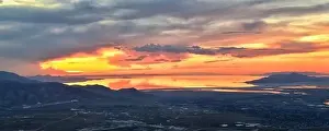 Great Salt Lake Sunset Aerial view from airplane in Wasatch Rocky Mountain Range