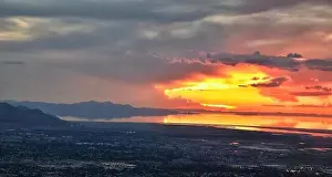 Great Salt Lake Sunset Aerial view from airplane in Wasatch Rocky Mountain Range