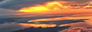 Great Salt Lake Sunset Aerial view from airplane in Wasatch Rocky Mountain Range
