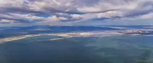 Great Salt Lake Utah Aerial view from airplane looking toward Oquirrh Mountains and Antelope Island
