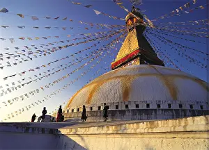 Tibetan Prints: the Great Stupa in the Tibetan quarter at Boddnath or Bauda in the Kathandu valley