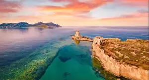 Lagoon Bay Prints: Great sunrise on Ionian sea. Stunning morning view from flying drone of old Methoni Castle