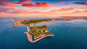 Lagoon Bay Prints: Great sunset on Adriatic sea. Stunning summer view from flying drone of San Felice fortress