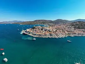 Saronic Prints: Greece, Aerial drone view of Poros island in Saronic gulf