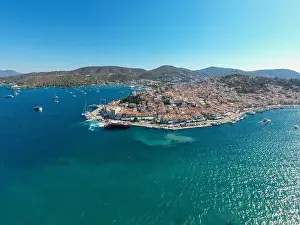 Saronic Prints: Greece, Aerial drone view of Poros island in Saronic gulf