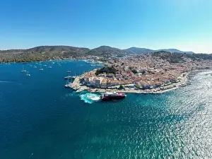 Greece, Aerial drone view of Poros island in Saronic gulf