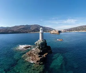 Hora Prints: Greece. Andros Island. The stone beacon on a rock aerial drone view