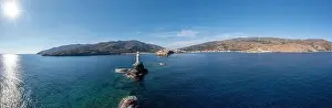 Hora Prints: Greece. Andros Island. The stone beacon on a rock aerial panoramic view