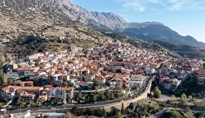 Glade Prints: Greece Arachova village on Parnassos Mountain aerial drone view