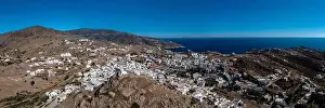 Chora Prints: Greece Cyclades. Ios island, Chora town panorama aerial drone view