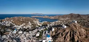 Chora Prints: Greece Cyclades. Ios island, Chora town panorama aerial drone view