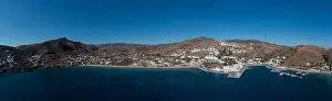 Chora Prints: Greece Cyclades. Ios island town and port panoramic aerial drone view