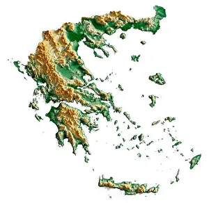 Topographic Map Prints: Greece. Detailed 3D rendering of a shaded relief map with rivers and lakes