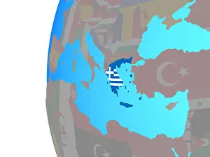 Greece with embedded national flag on blue political globe. 3D illustration