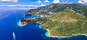 Greece, ionian islands Stunning nature beach scenery of Corfu. Aerial drone view of Kalami bay, eastern part