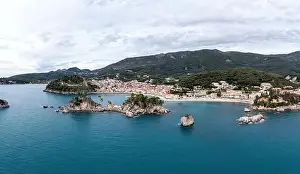 Epirus Prints: Greece Parga. Aerial drone view of traditional city on the coast