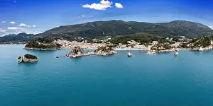 Greece Parga. Aerial drone view of traditional city on the coast