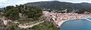 Greece Parga. Aerial drone view of traditional city on the coast