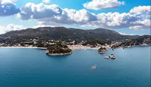 Greece Parga. Aerial drone view of traditional city on the coast