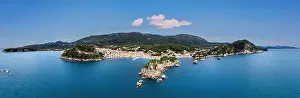 Greece Parga. Aerial panoramic drone view of traditional city on the coast