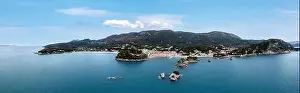 Greece Parga. Aerial panoramic drone view of traditional city on the coast