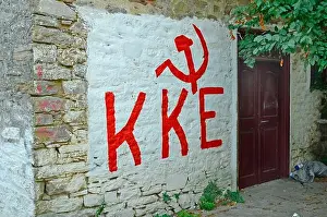 Greek Islands Prints: Greece, sign for communist party of Greece in the mountain village Kaspakas on Lemnos Island