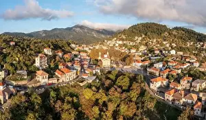Village Mountain Prints: Greece village Kosmas on mountain Parnonas aerial drone view
