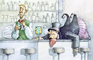 Moral Prints: a greedy drunk fat man lying on a bar counter holding a glass globe