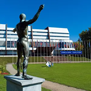 Alsatian Prints: Greek statue of Poseidon - Neptune and Council of Europe building