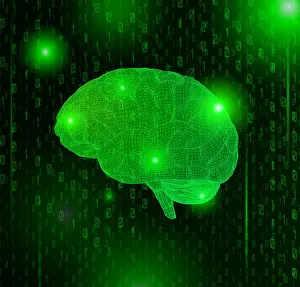 Green 3d wireframe polygonal brain graphic illustration on binary numeral system matrix background