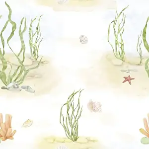 Seagrass Prints: Green algae on a sandy bottom. Seamless pattern