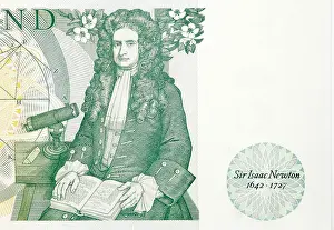 British English Prints: Green Bank of England 1 one pound note sterling British English UK with portrait of Sir Isaac Newton famous physicist