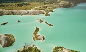 Lake Panorama Prints: Green in big quarry water aerial drone view on bright sunny day