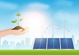 Solar Panels Prints: Green City or Smart City with Wind Turbine with Solar Panel