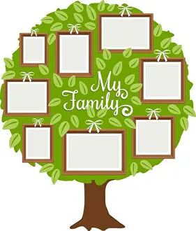 Origins Prints: Green family tree with frames for pictures. My family card template, vector illustration