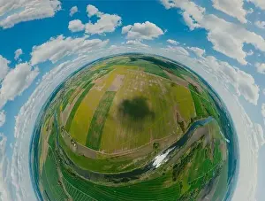 Lietuva Prints: Green Fields, river and blue sky in Europe, 360 VR Sphere